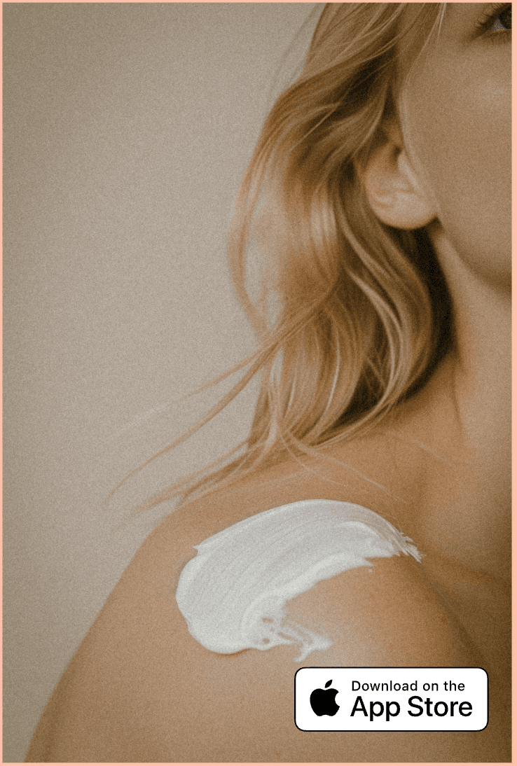A woman with beauty cream applied to her shoulder, and a Download on the App Store badge